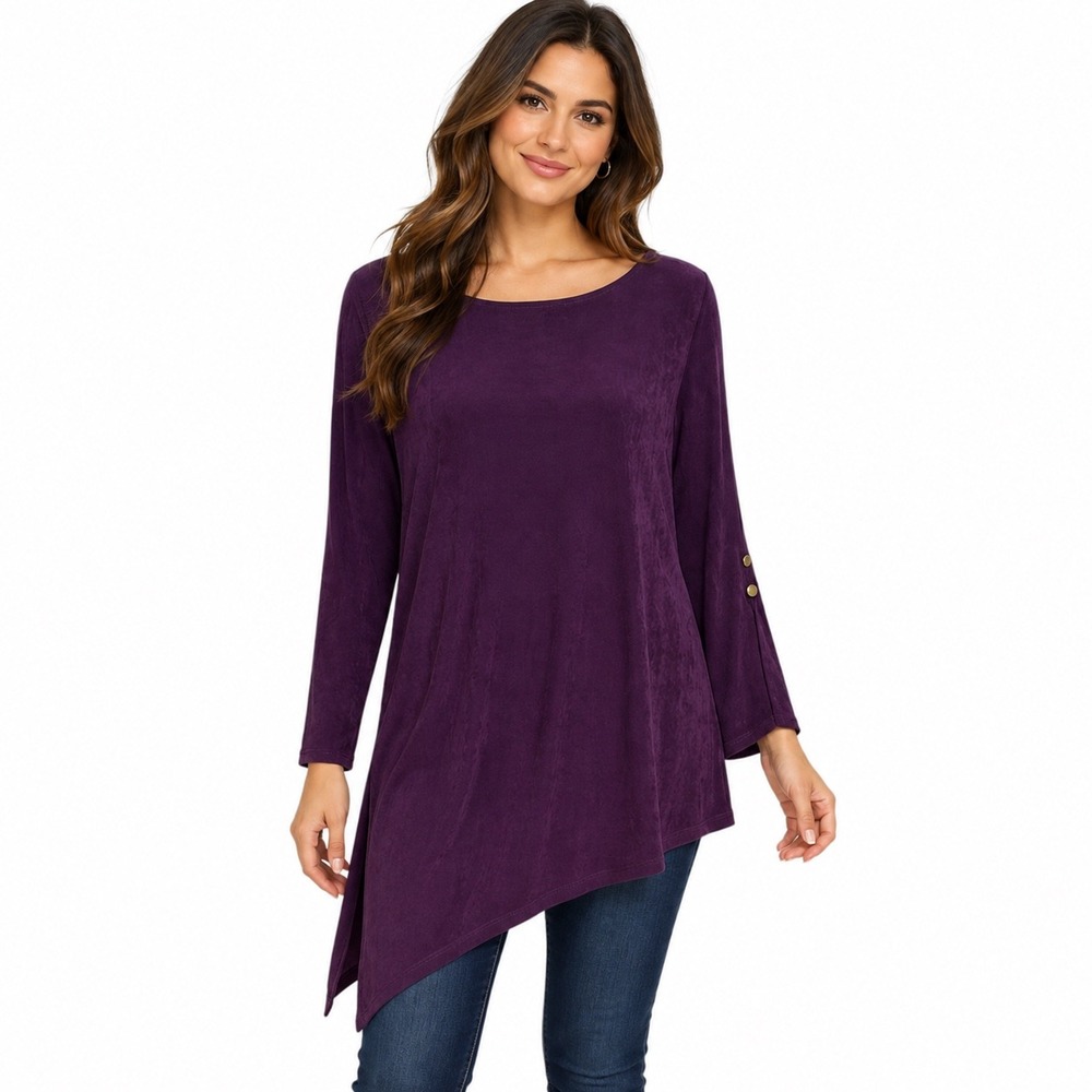 Chicos Travelers Purple Asymmetrical Tunic Top Size 1 Medium Long Sleeve